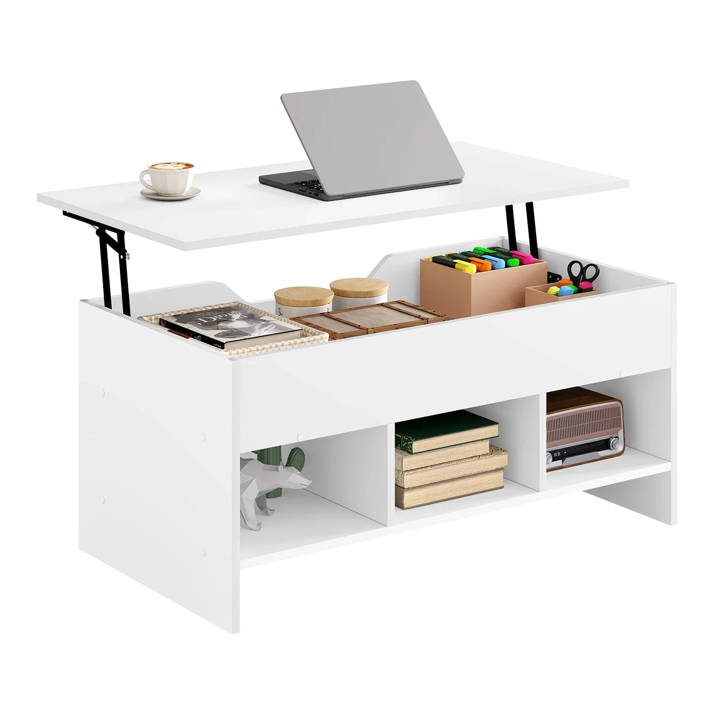 No-EN-Name-Null Modern White Pine Wood Rectangle Height-Adjustable Lift-Up Table-Top Four Large Storage Compartments Coffee Tables