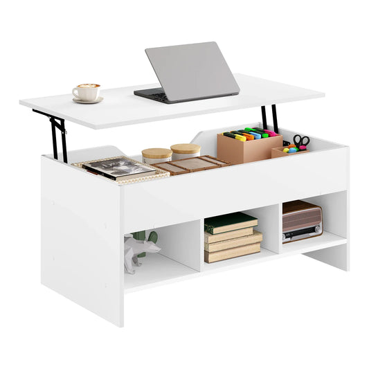 No-EN-Name-Null Modern White Pine Wood Rectangle Height-Adjustable Lift-Up Table-Top Four Large Storage Compartments Coffee Tables