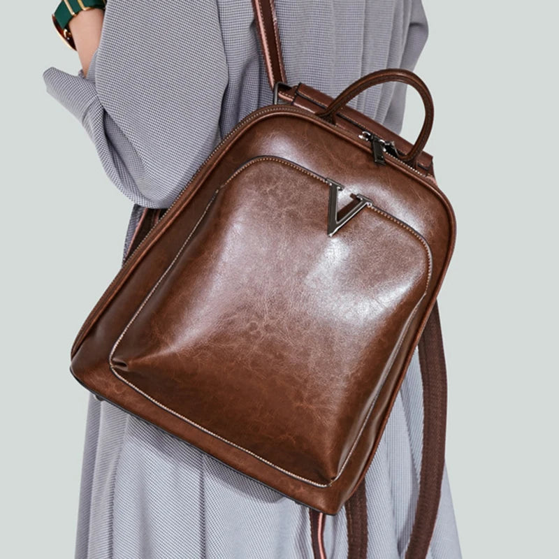 HAOSHUAI Women Lightweight Softback Oil Wax Brown Cowhide Leather Cross Body Adjustable Shoulder Strap-Handle Double Zippers Polyester Lining Built-In Compartment External Pockets Backpacks/Colors-Green/Black/Brown/Protective Sleeve