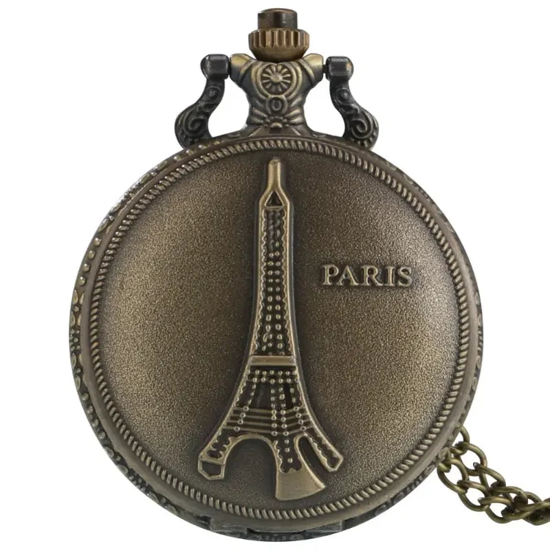 WECIN Adults Quartz Analog Display Glass Face Arabic Numeral Hollow-Out Bronze Round Shaped Metal Alloy Case Paris-Eiffel Tower-Notre Dame-LE LOUVRE Design Chain-Pocket Watches