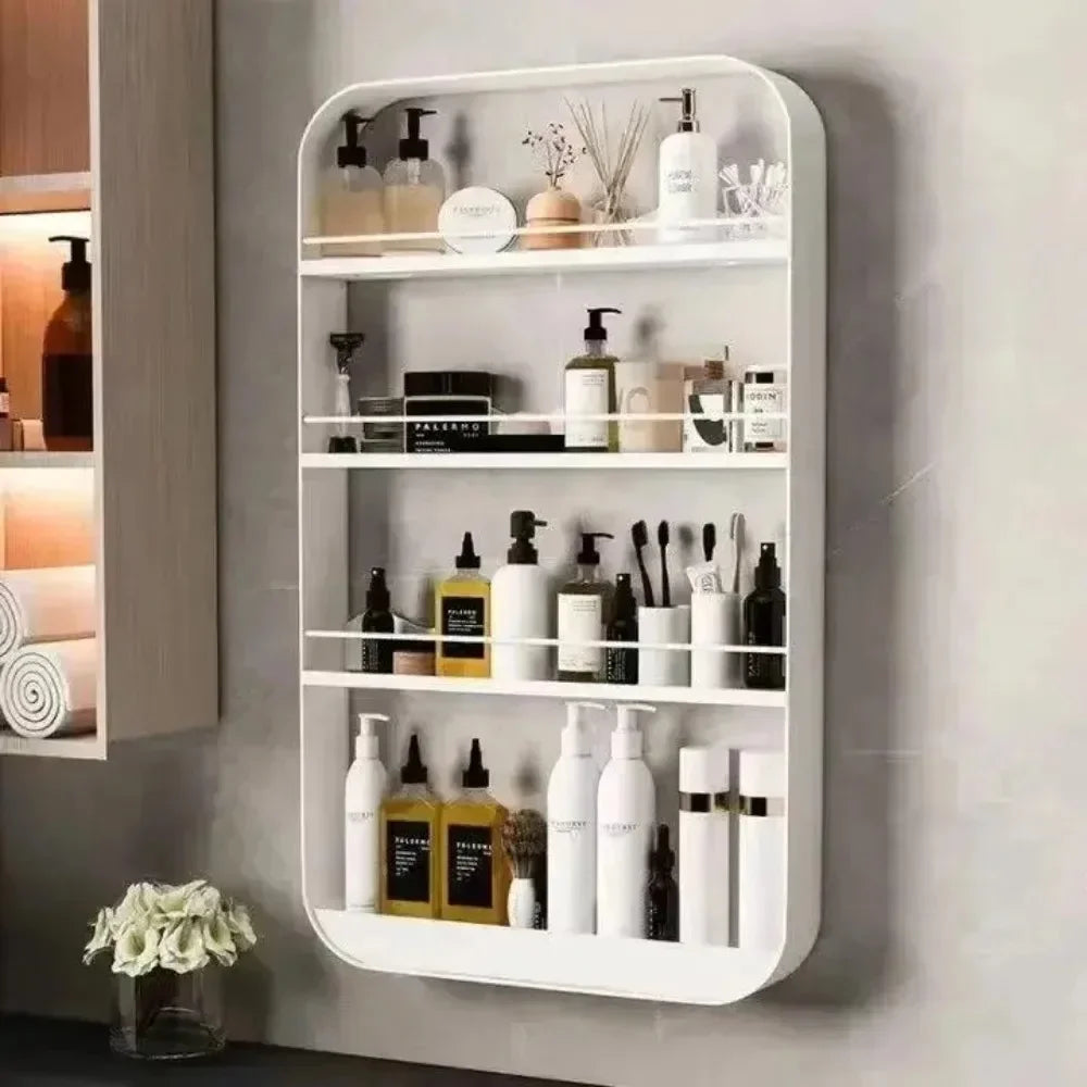 No-EN-Name-Null Modern White-Black Round Corners Vertical Rectangle Steel Metal Four Glass Shelves With Fence Bathroom Wall-Mounted Caddies/Ventilate-Drains
