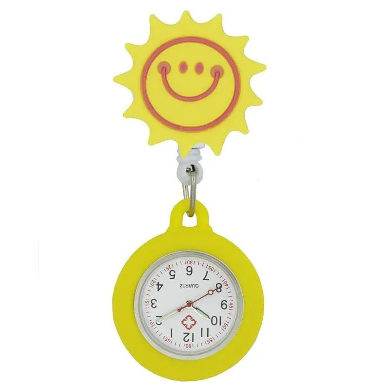 AIYOHI Quartz Analog-Digital Display Round Glass Face Silicone Covered Metal Alloy Case Cute Cartoon Animals-Fruit-Flowers-Cat Paw-Smiling Cloud Design Nurses-Doctors Retractable FOB Pocket Watches