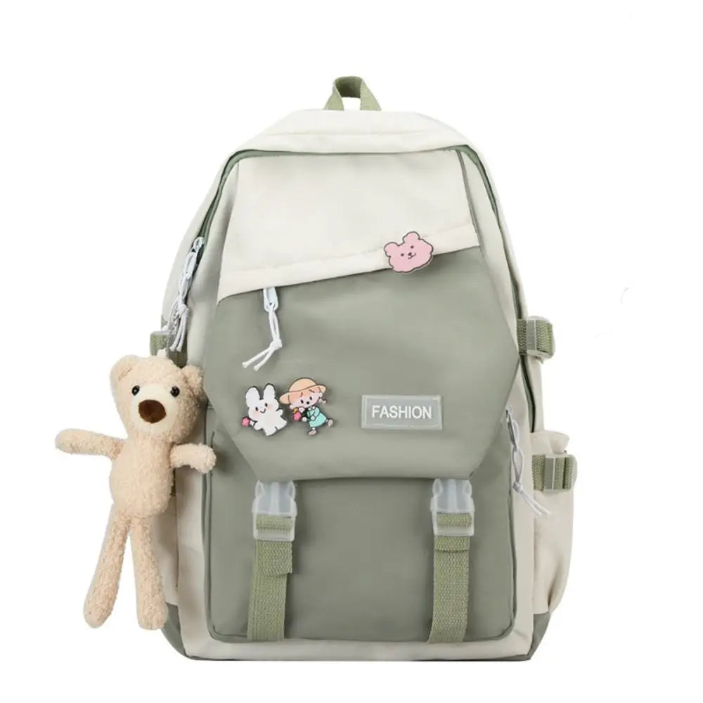 No-EN-Name-Null  Unisex Large Waterproof Lightweight Green Nylon Fabric External Pockets Polyester Lining Double Zippers Adjustable Shoulder Straps-Handle Single Compartment School Backpacks /Colors-Blue/Pink/Black/Green