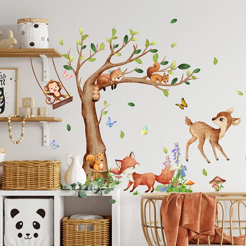 2-PCS Set Waterproof Removable Cartoon Monkey Standing Up Swing In A Roped Swing 2-Foxes Baby Deer 2 Squirrels In A Brown Tree Wall Stickers