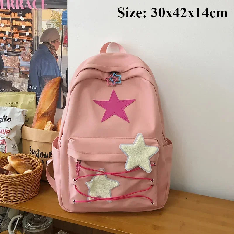 Women Waterproof Lightweight White Nylon Fabric Blue Star Korean Kawaii Design Metal Zipper Multi-Pockets Polyester Lining Two Shoulder Straps-Handles School Backpacks/14 Inch Built-In Laptop Pocket/Colors-Geometric/Beige/Pink/Green/White