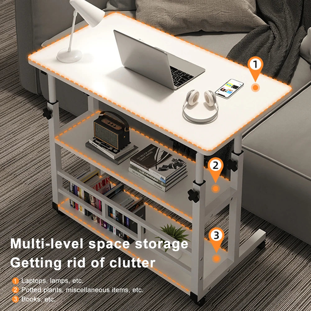 No-EN-Name-Null Modern Adjustable Height Wood Panel High-Gloss Smooth Finish Rectangle Shaped Top Welded Metal Frame Retractable Two Shelves Layers Mobile Bedside Computer Desks/4 Wheels