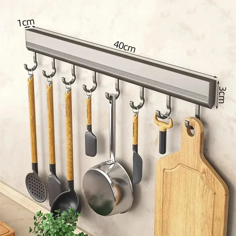 Kitchen Wall Mounted Sliver Gray Aluminum 4-10 Adjustable Inserted Rubber Rings Hooks Utensil Utility Racks/ Use Super Glue-Only Suitable For Smooth Non-Porous Surfaces