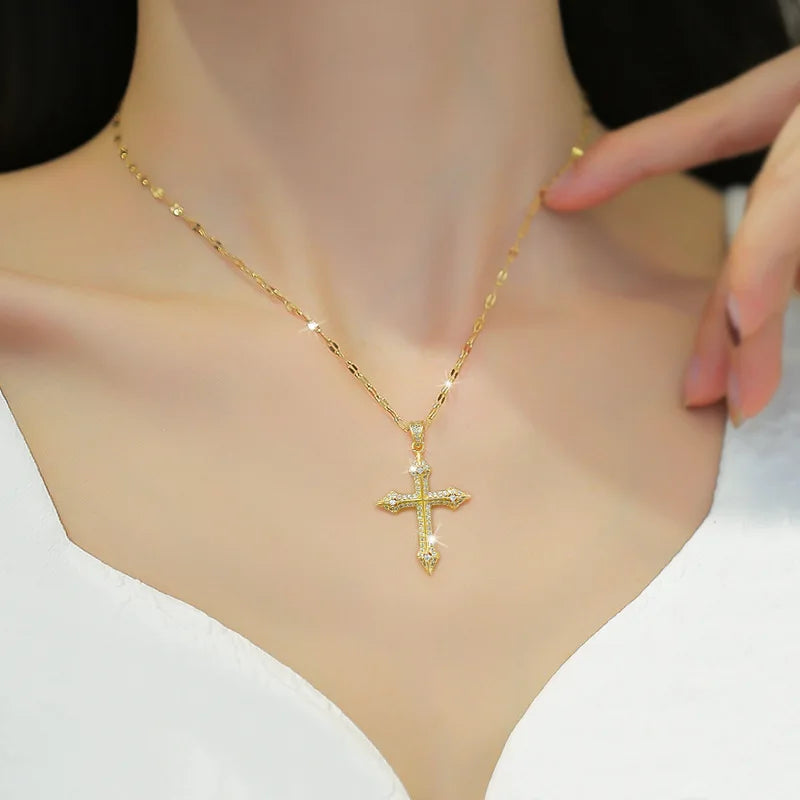 No-EN-Name-Null Women Fine Imitation Stainless Steel Gold-Plated Metal Cubic Zirconia All-Crystal Clear White Shiny Diamond Accents Stones Cross Pendant Necklaces/Colors-Brown/Clear/Green/Gold/Pink