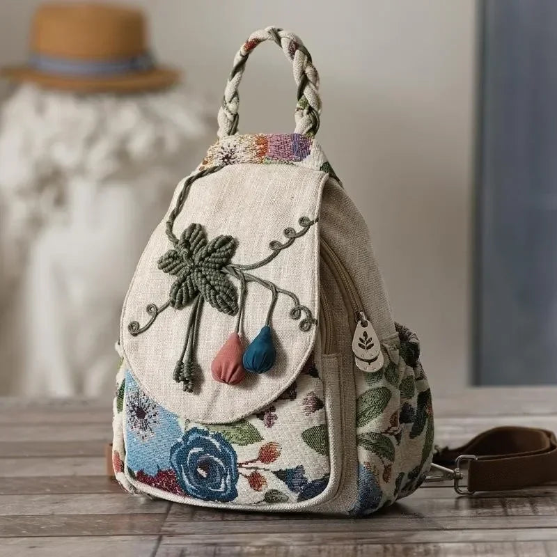 No-EN-Name-Null Women Waterproof Double Zippers Front External Pockets Multicolor Canvas Fabric Bohemian Floral Back Strays-Handle Built-In Single Compartment Lightweight Travel Backpacks/Colors-Beige/Multicolor/Floral