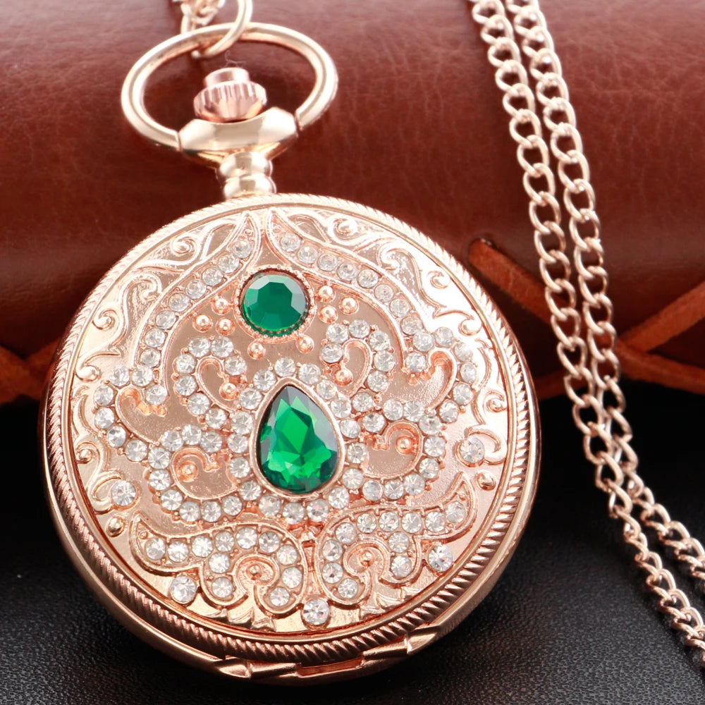 SHUHANG Adults Quartz Analog-Digital Display Gold-Red Ruby Stones On Front-Floral Design On Back Round Shaped Stainless Steel Metal Case Hardlex Face Necklace Chain-Pocket Watches