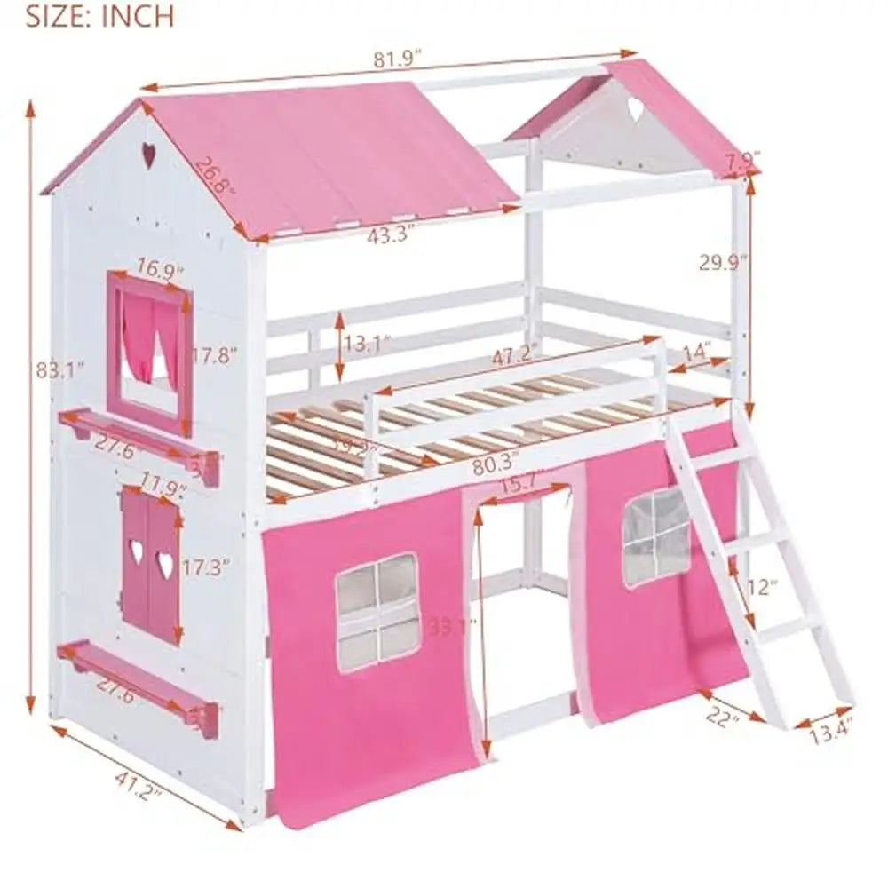 DUTRIEUX Kids Small Modern Painted Pine Wood Pink-White Playhouse Shaped Twin Bunk Loft Beds-Metal Bed Frames / Tent Ladder/Guardrails/4-Play Windows/Slats Included