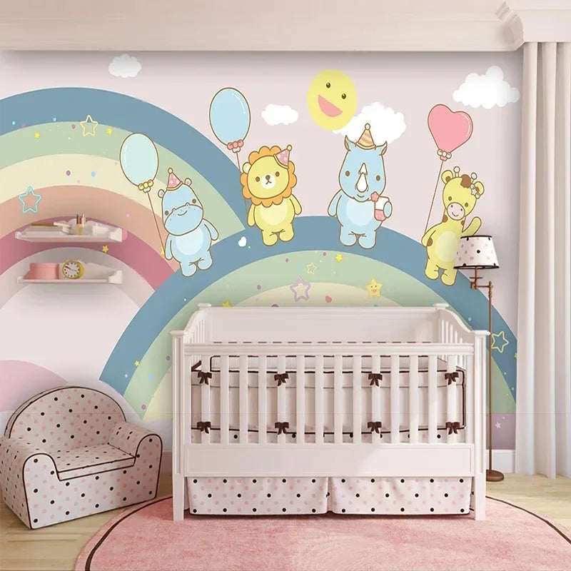 JIADOU Kids Modern 3D Waterproof Canvas Self-Adhesive Customized Printed Two Rainbow Hippo-Lion-Rhino-Giraffe Holding One Balloon Peel-N-Stick Mural Wallpaper/Requires Paste