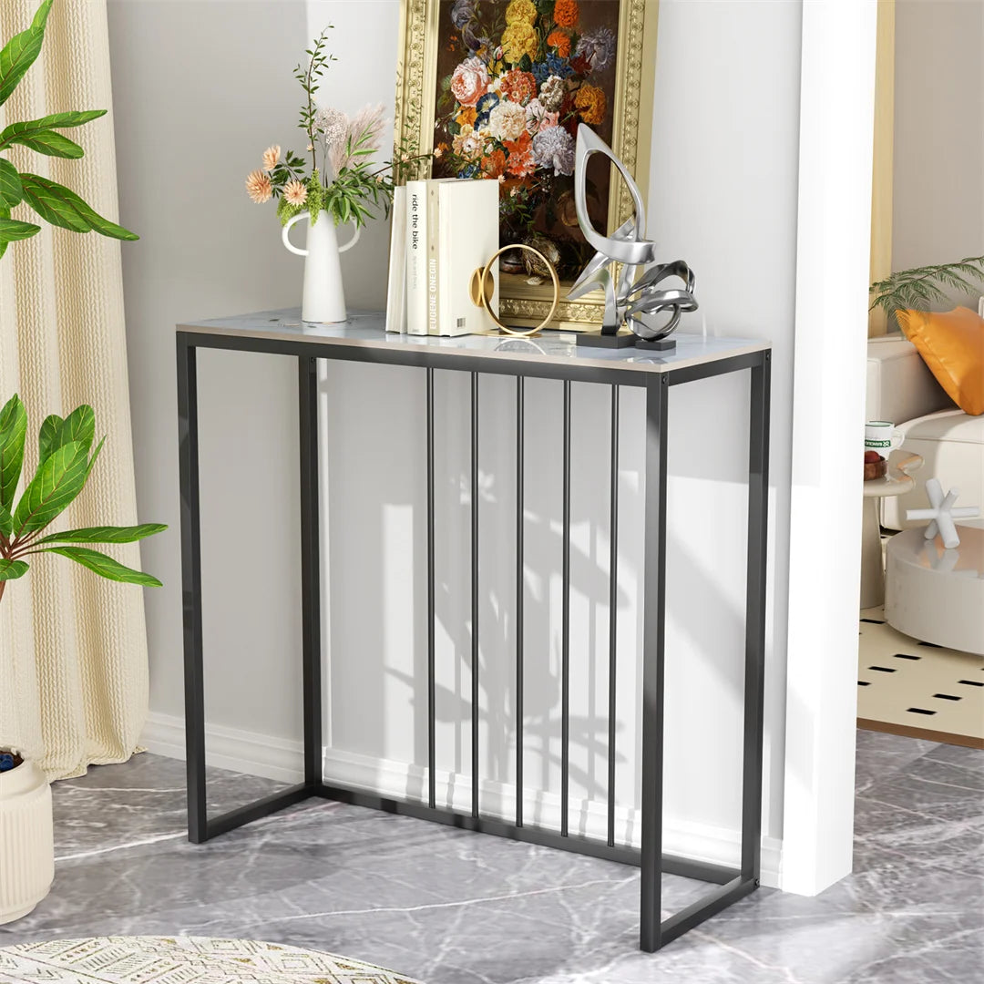 LUVODI Modern Rectangle Shaped White Sintered Stone Top Black Iron Metal Base Door Entry Console Tables/Colors-White Emerald /White/Product Dimension: L x W x H 80x30x78.5cm/ 31.49x11.81x30.90inches