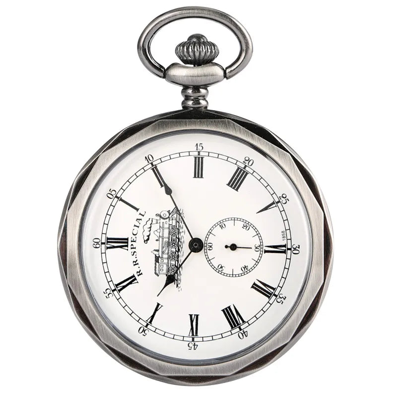 No-EN-Name-Null Adults Antique Roman Numeral Bronze Round Case Analog Display Round Acrylic Face Hand Winding Mechanical Vintage Railway Locomotive Train Design Metal Pendant Chain-Pocket Watches/Colors-Silver/White Bronze/Bronze