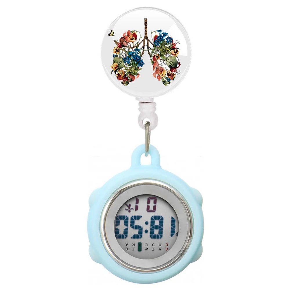No-EN-Name-Null Waterproof Black Plastic Round Cover Glass Face Digital Display Retractable Printed Floral Anatomical Designs Nurse-Doctor Hanging Metal Alloy Fob Pocket Watches/Colors-Black/White/Pink/Blue
