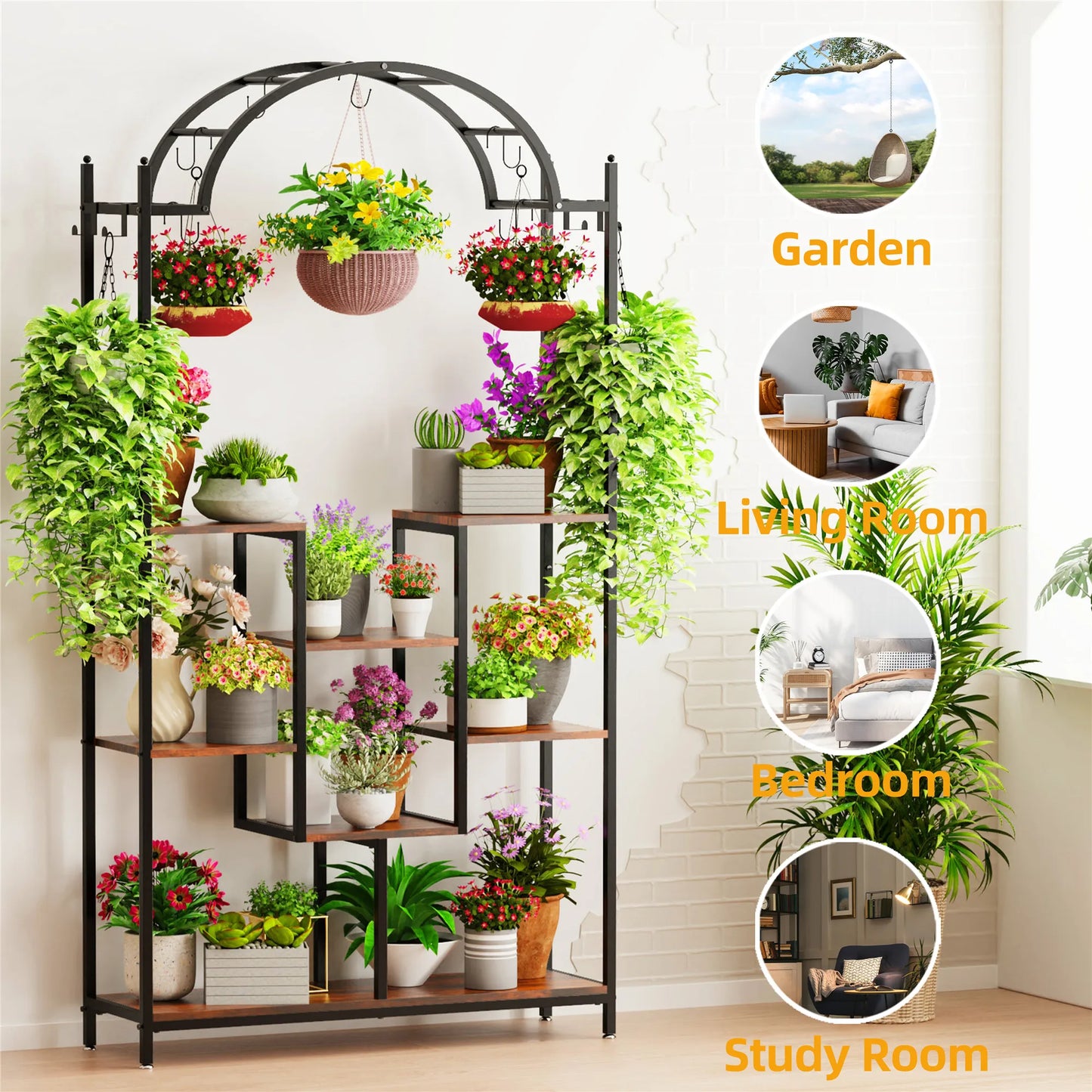 BINGOPAW 5-Tier Indoor Arched Heavy Duty Iron Metal Plant Stands / Pine Chipboard Shelves/Hanging Hooks