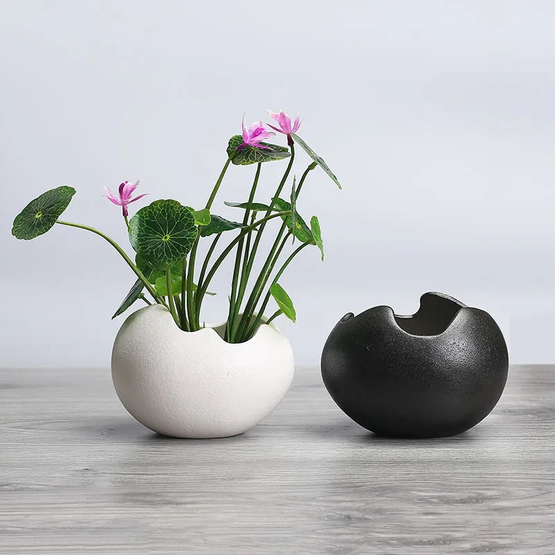 No-EN-Name-Null Indoor European Small Round Shaped White-Silver-Black Chrome Plated Finish Porcelain Ceramic Hydroponic Desktop Flower Pots