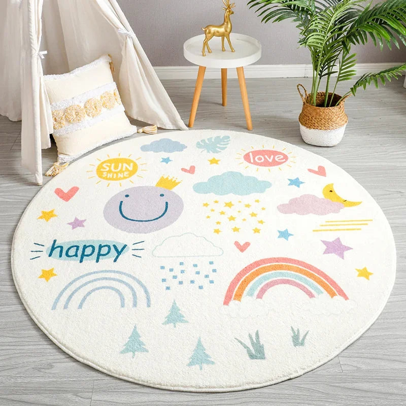 No-EN-Name-Null Printed Non-Toxic Quick-Dry Round Cute Cartoon Gray Animal Cat-Rainbow-White Clouds Nice Day Memory Form Cushion Anti-Slip Bottom Rugs/Colors-Animals/Rainbow/Multicolor/White/Pink/Black/Dots/Yellow/Blue/Geometric