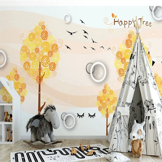 JIADOU Waterproof Canvas Peel-N-Stick 3D Cute Cartoon Yellow-Orange Round Circle Leaves Trees-Black Birds 2 Closed Eyes-Lashes Design Paper Back-Vinyl Mural Wallpapers/Colors-Yellow/White/Green/Orange