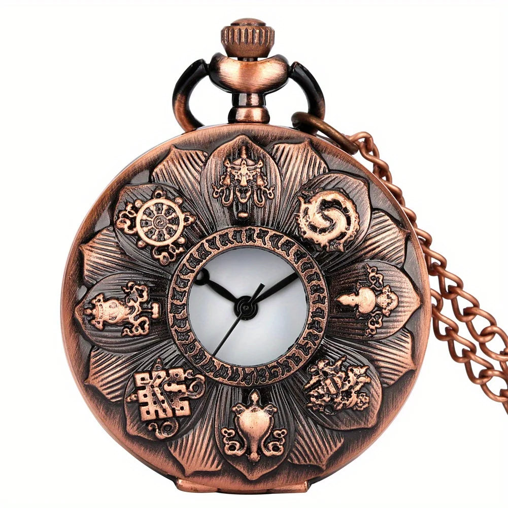 RUNERR MEN Vintage Quartz Digital Display Bronze Metal Alloy Case Glass Face Electronic Drive Mode Hollow-Out Engraved Lotus Flower-Animals Front Design Bronze Chain-Pocket Watches