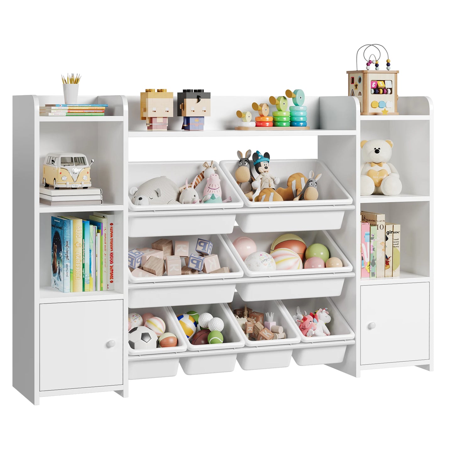 NULL Babies-Kids White-Pink Wood Two Doors-Bookcases-Removable Plastic Bins-Nine Shelves Toy Chest Storage Cabinets /Sizes: 138x29x94 cm/Assembly Required/Storage Options