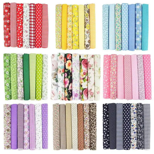 1-Set 7 Different Colors Handmade Anti-Static 100% Cotton Plain Dyed Woven Printed Quilting Brocade Fabric Squares/Colors-Multicolor/Floral/Animal/Orange/White/Gray/Red