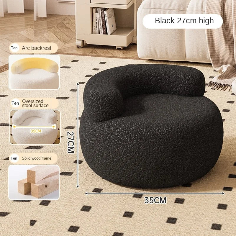 MLING Kids Modern Free-Standing Small Pink Round Shaped Low Curved C-Shaped Backrest Soft Comfortable Upholstered Padded Lamb Wool Fleece Fabric Cushions Solid Wood Frame Wear-Resistant Foot Pad Sofa Stool Ottomans/ Colors-White/Pink/Gray/Black