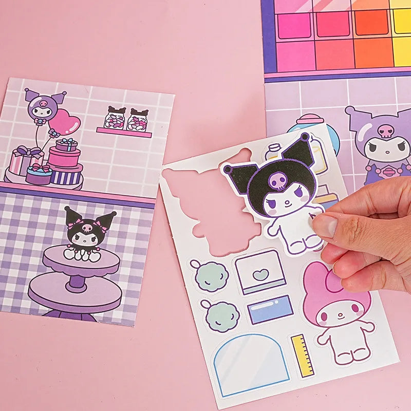MINISO Kids Mini Sanrio Kawaii Reusable Quiet Book Six Themes Cartoon Scenes Multicolor Paper Stickers-Stickers Machines/Ages: 3-12 Years Old/Colors-Multicolor/Pink/Purple/Checkered