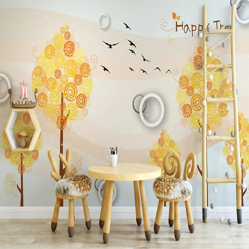 JIADOU Waterproof Canvas Peel-N-Stick 3D Cute Cartoon Yellow-Orange Round Circle Leaves Trees-Black Birds 2 Closed Eyes-Lashes Design Paper Back-Vinyl Mural Wallpapers/Colors-Yellow/White/Green/Orange
