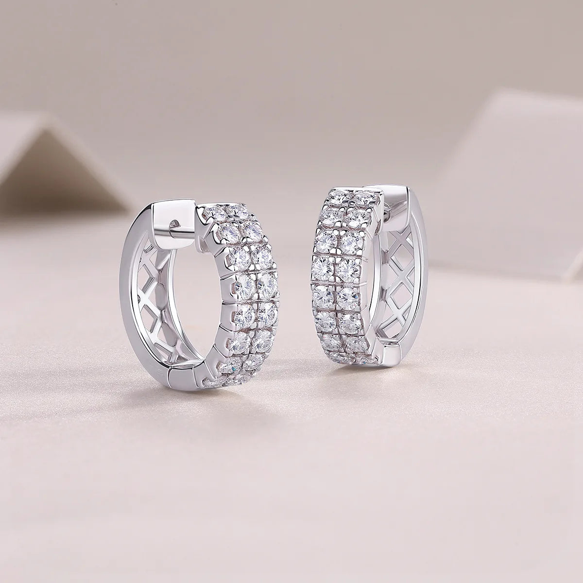 EWYA Adult Women Fine Sterling Silver Metal Wide Two-Three Rows Clear White Full Moissanite Realistic Diamond-Like Stones Round Hoop Small Ear Buckle Earrings/Colors-Silver/Clear/White/Geometric