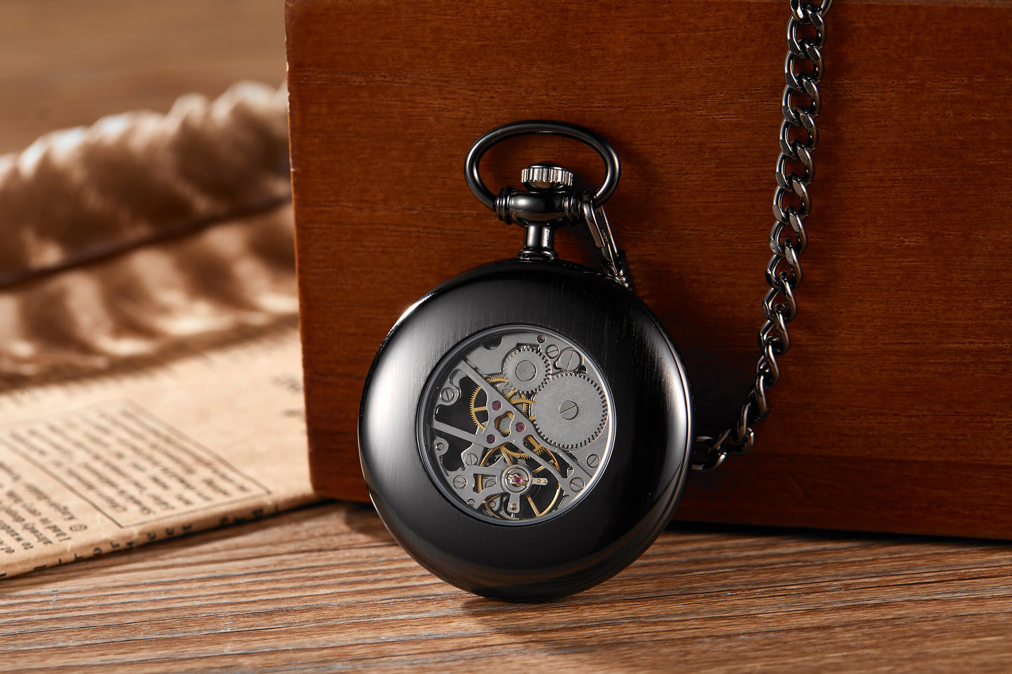 GORBEN Adults Gold Metal Alloy Round Hollow Open Face Arabic Numerals Luminous Hand Wind Black Face Glowing-In-Dark Numbers Pendant Chain-Pocket Watches/Colors-Black/Silver/Gold/Optional: With Wood Box-Without