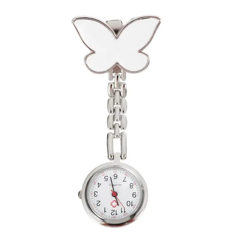No-EN-Name-Null Adults Metal Alloy Round Shaped Digital Quartz White Face Black Numbers Butterfly-Flower Floral Styles Hanging Locked Pin-On Lapel Nurses Fob Pocket Watches