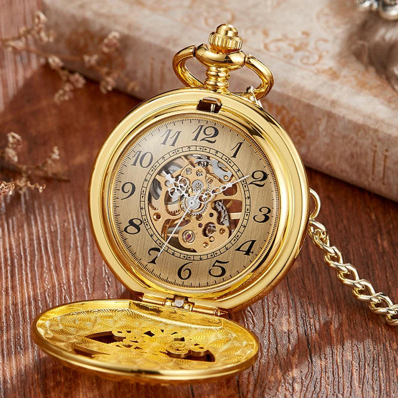 GORBEN Adults Mechanical Hand-Winding Glass Face Black-Sliver-Gold Round Stainless Steel Metal Case Analog Display Hollow-Out Skeleton Dial Blue Night Sky-Half Moon-Stars-Sun Design Analog Display Chain-Pocket Watches/With Box-Without Box