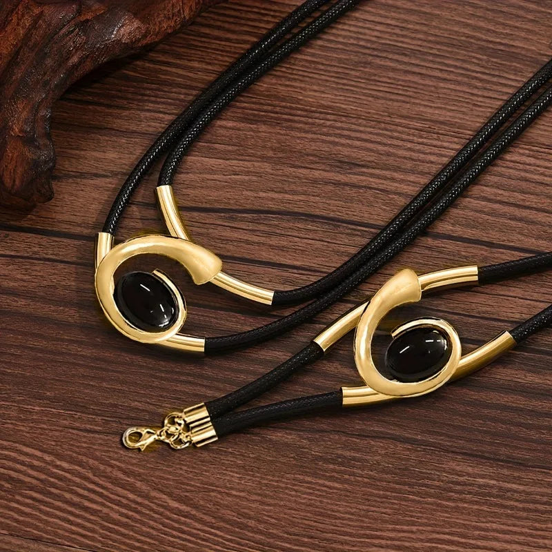 2 PCS Women Vintage Bohemian Acrylic Black Mood Stone Metal Gold-Silver Colored Geometric Spiral Imitation Pendant Necklace-Bracelet  Sets