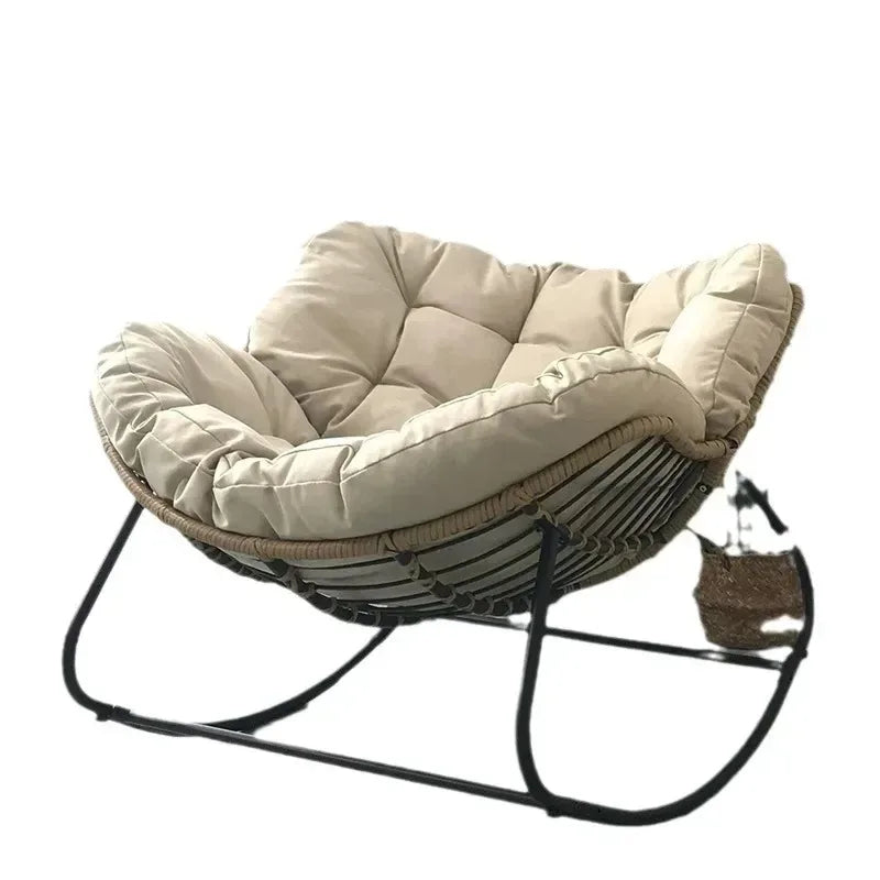 No-EN-Name-Null  Modern Indoor One Person Soft Upholstered Padded Bird Nest Thick Linen Multicolor Cushions Rattan Seat Bottom Black Metal Frame Reclining Rocking Chairs/Colors- Gray/Beige/Black/Brown/Multicolor