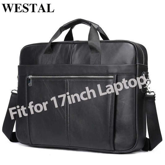 WESTAL Men Soft Cow Leather Zipper Briefcase Shoulder Bags/ A4 File Holder/ Laptop Compartment/ Handles/Straps/Key Holder/Fits 17 Inch Laptop/Colors-Black/Black