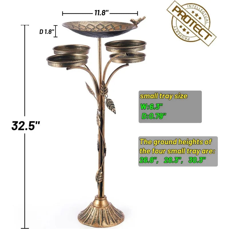 KIQUNE Outdoor Garden Deco Free-Standing Five-In One Antique Bronze Cast Iron Metal Trays-Small Round One Bird-Floral Leaves Base Bird Baths/Colors-Bronze/Gold/Geometric/Floral