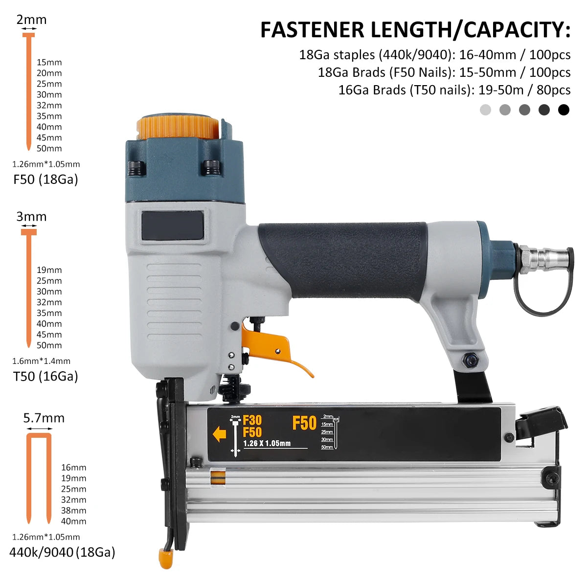 TOORISE Outdoor Multicolor Plastic Body Carpenter Pneumatic Nail Driver Silver Metal Air Riveter Finish Nailers/Colors-Gray/Orange/Black/Silver/Multicolor