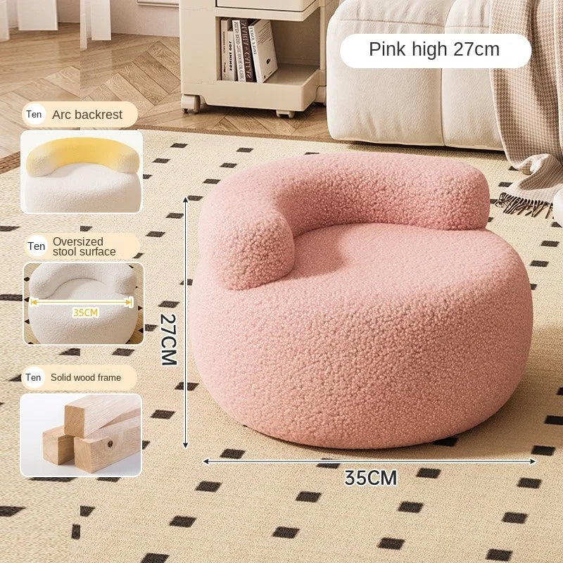 MLING Kids Modern Free-Standing Small Pink Round Shaped Low Curved C-Shaped Backrest Soft Comfortable Upholstered Padded Lamb Wool Fleece Fabric Cushions Solid Wood Frame Wear-Resistant Foot Pad Sofa Stool Ottomans/ Colors-White/Pink/Gray/Black