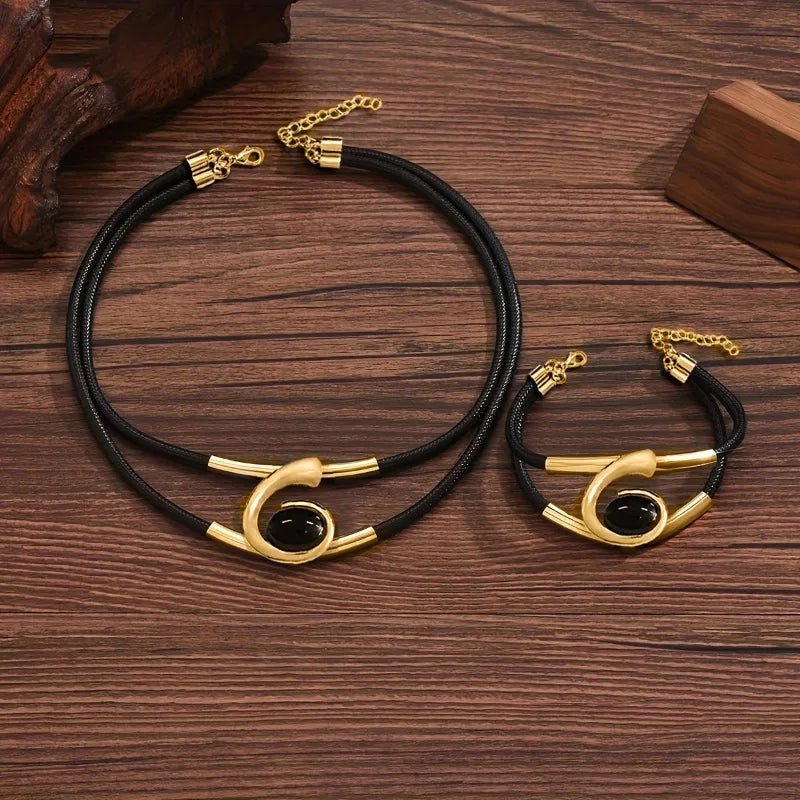 2 PCS Women Vintage Bohemian Acrylic Black Mood Stone Metal Gold-Silver Colored Geometric Spiral Imitation Pendant Necklace-Bracelet  Sets