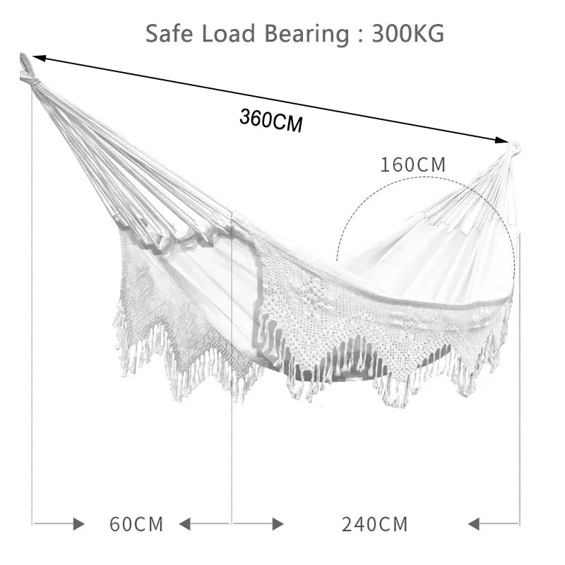LIGHTEN UP Outdoor-Indoor Adults Large Beige Two Person Brazilian Bohemia Hanging Tassels Polyester-Cotton Blend Hammocks/ Size(L): 318 x 150 cm/Size(XL): 360 x 160 cm/Colors-Beige/White/Black/Weight Max : 450 LBS