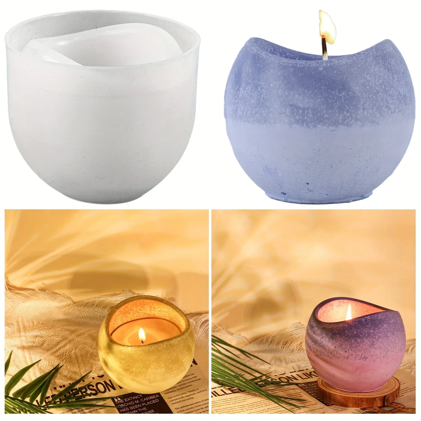No-EN-Name-Null DIY Curved Half-Moon Mouth Shaped Opening Silicone Textured Candle Jar Milky White Craft Molds