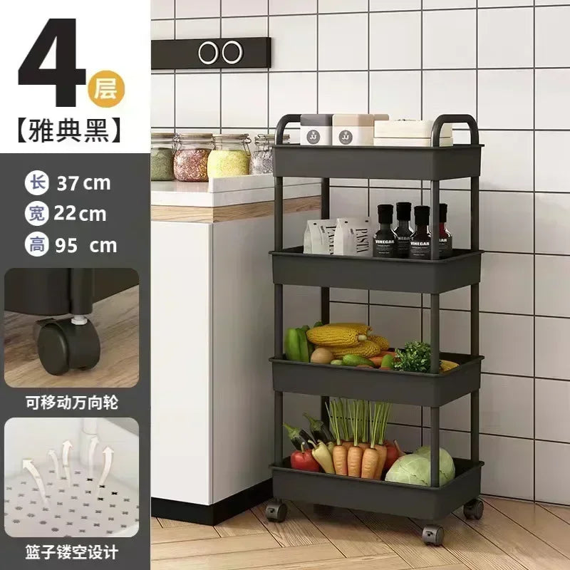 3-5 Tiers Plastic Kitchen Shelves Storage Caddies/4 Wheels/Colors-White/Black