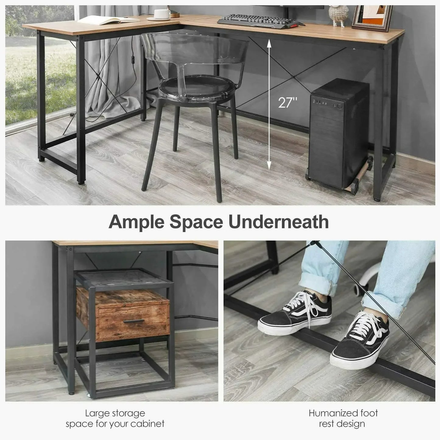 NULL Modern L-Shaped Corner Sturdy X Crossbar Design Brown Solid Wood Top Black Steel Metal Frame Gaming Laptop Computer Desks / Size: 190cm x 120cm x 75cm/Colors-Brown Tiger Wood Color/Black Wood Color/Assembly Required/Shelves/Storage Options