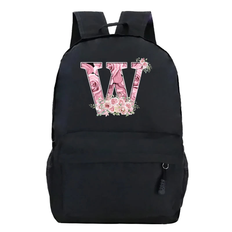 No-EN-Name-Null Waterproof Large Black Softback Nylon Fabric Printed Floral Pink Rose First Name Initial Letter Curved Back Zipper Canvas Lining Built-In Laptop Compartment Shoulder Straps-Handle Zippered External Pockets School Backpacks