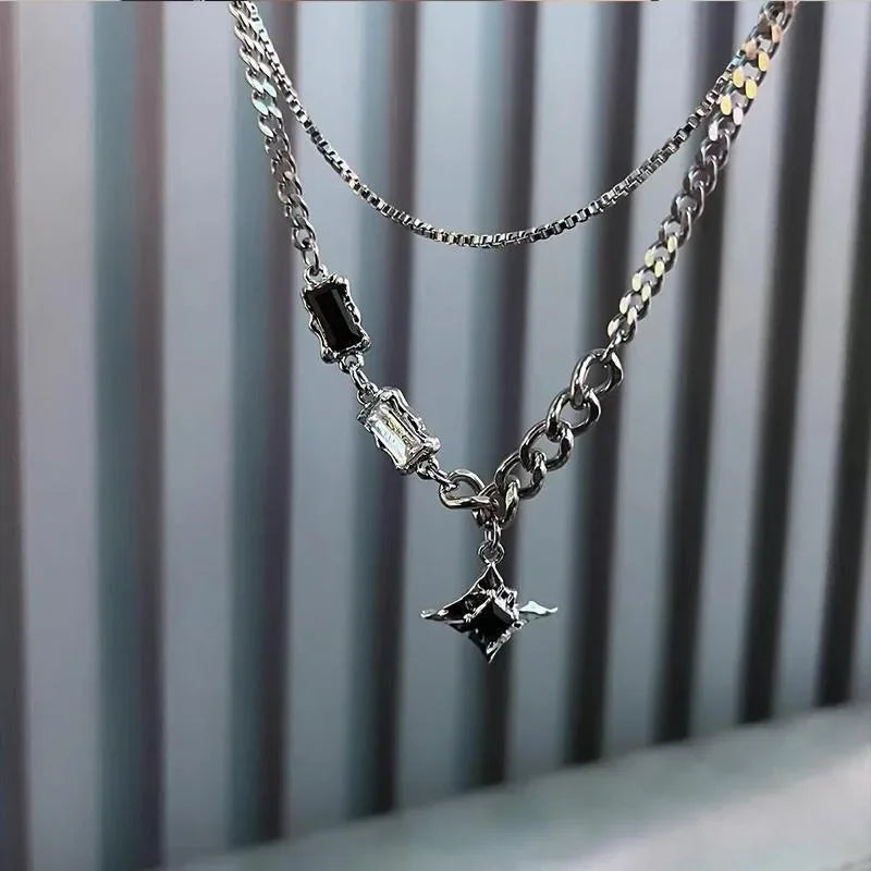 GUOLE Adults Fine Imitation Hip-Hop-Rock Style Silver Stainless Steel Metal Trim Four Pointed Star Black-Clear Crystal Mood Tracker Double-Layer Charm Pendant Chain Necklaces