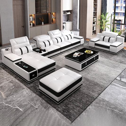 MANBAS Modern Adjustable Headrest L-Shaped White-Black Trim Italian Soft Genuine Leather Cushion Corner Couches/ Bluetooth Speaker/ USB Port/Cup Holder