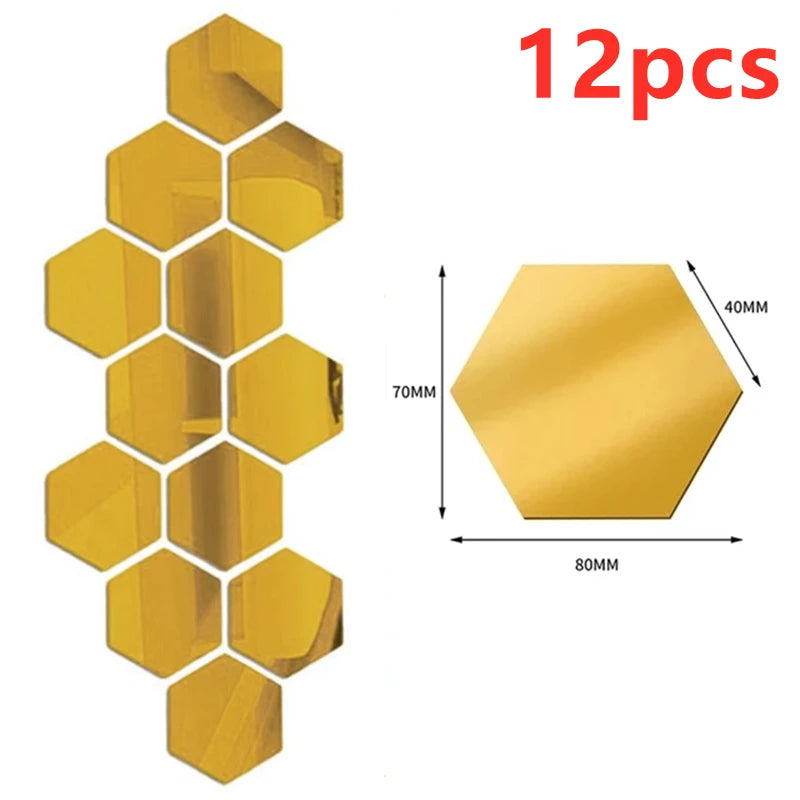 12/24Pcs 3D Hexagon Self Adhesive Removable Acrylic Wall Mirror Stickers/Colors-Silver/Red/Blue