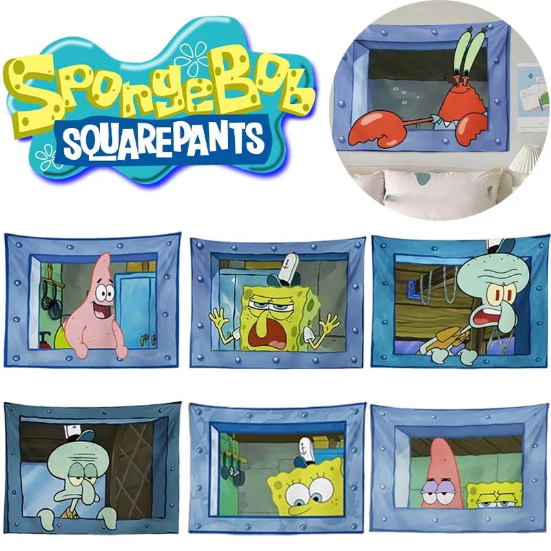 Kids Small Rectangle Polyester Realistic Blue Metal Framed Window Cute Cartoon SpongeBob-Patrick-Star-Mr. Krabs Cloth Tapestries/Ages: 14-18 + Years