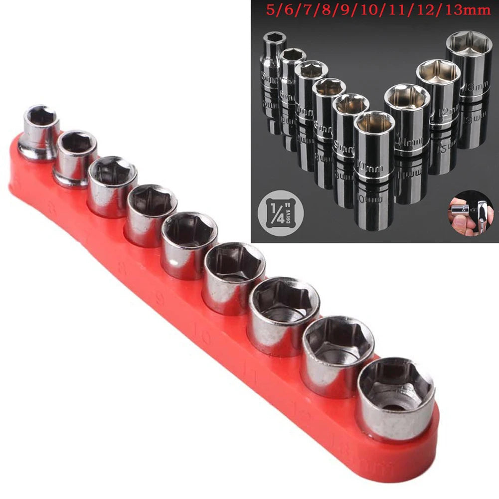 9 PCS Silver Colored Carbon Steel 1/4 Inch Drive-Hex Sockets-Bits Metric Wrench Head Nut Combination Sets/Colors-Silver/Red/Multicolor